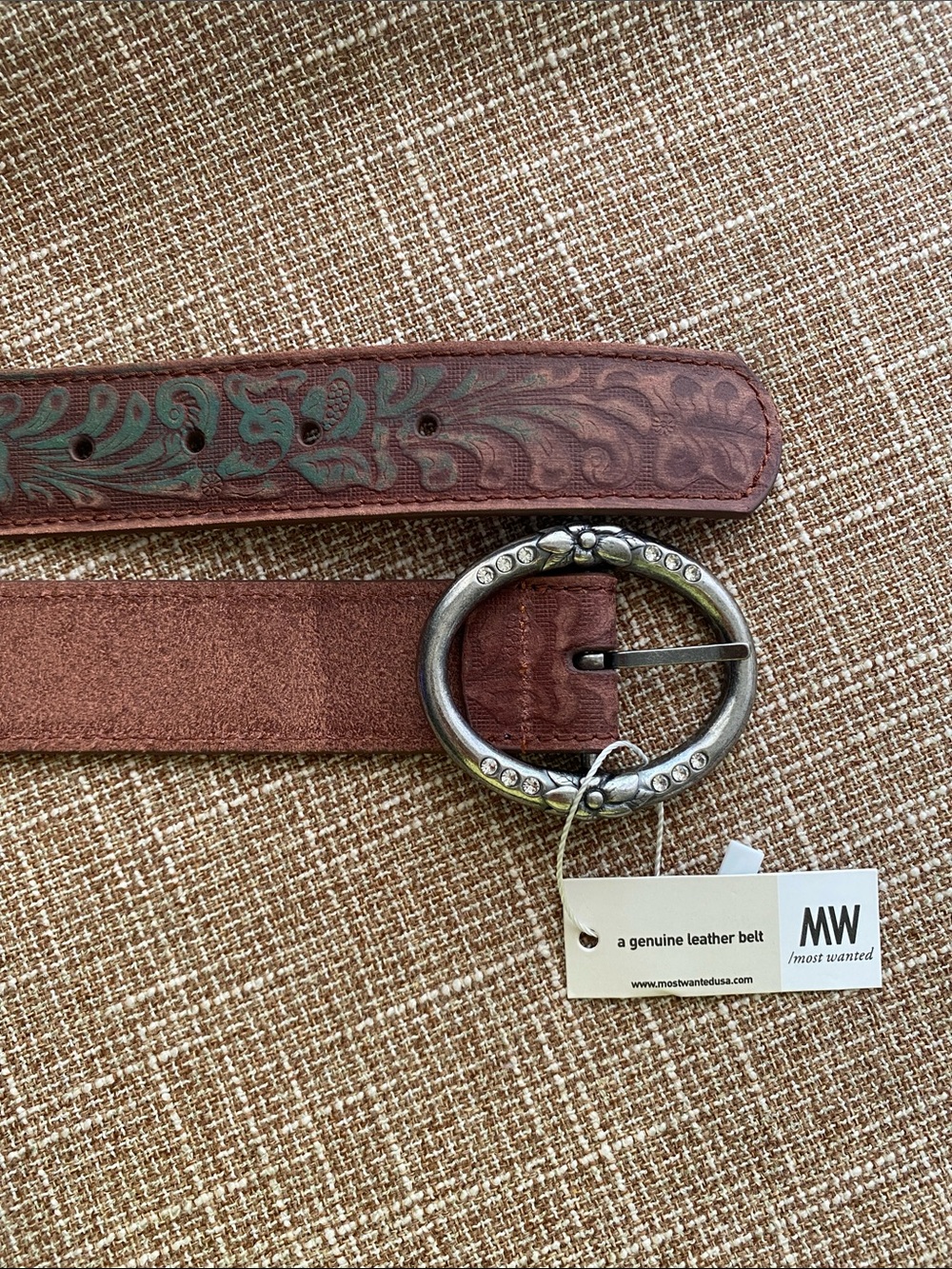 Most Wanted Genuine Leather Belt in Brown with Teal Pattern - Picture 4 of 6